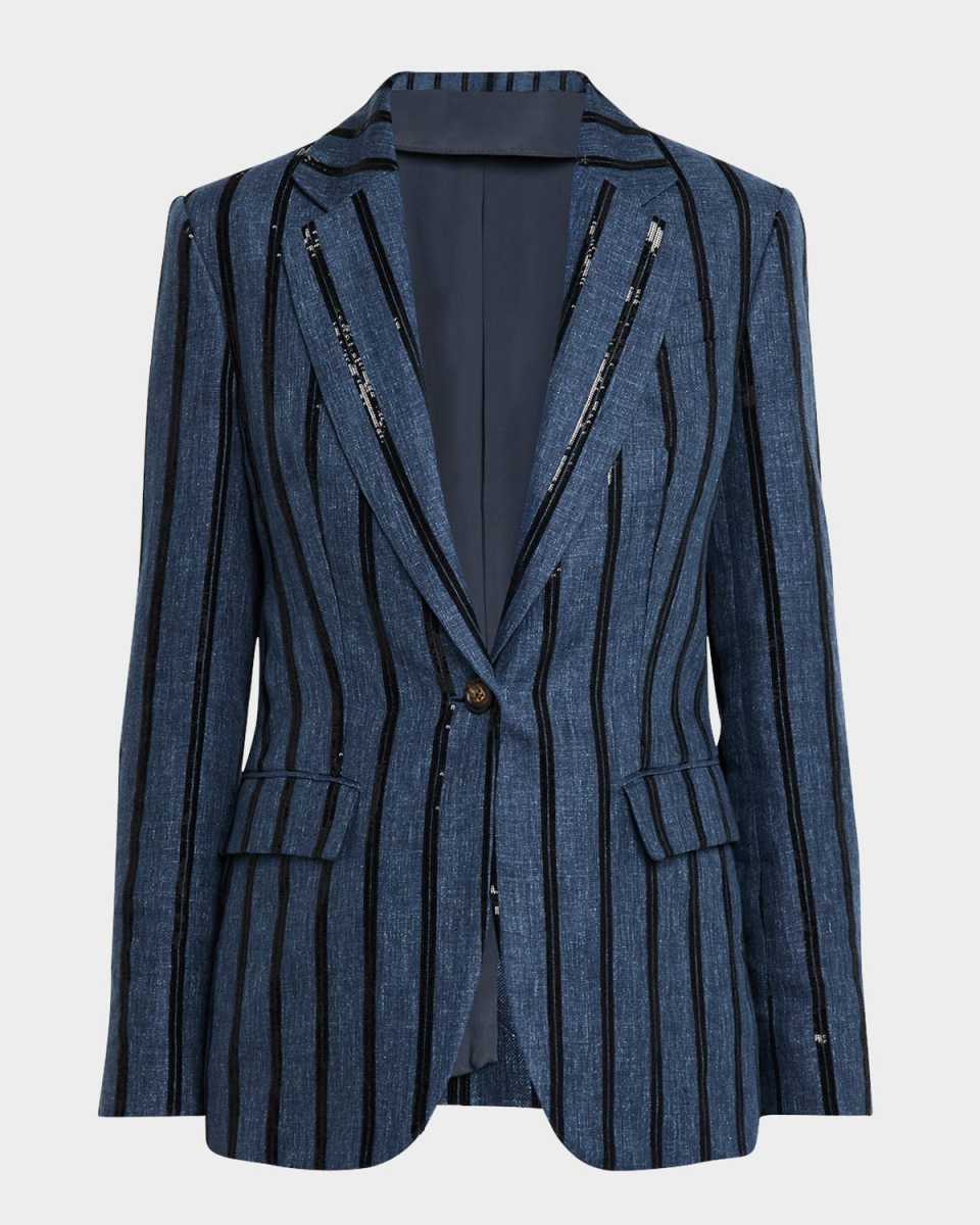 Paillette Striped Denim-Effect Linen Single-Breasted Blazer